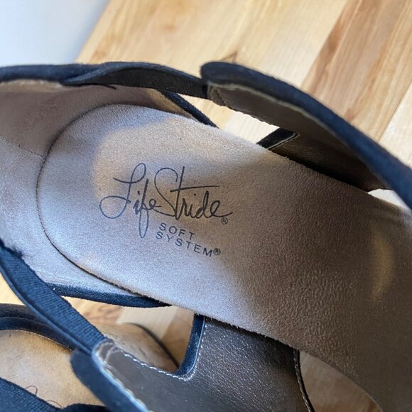 Life Stride Black Faux Suede Peep-Toe Cork Wedge Sandals HINX style Classic - Picture 6 of 14